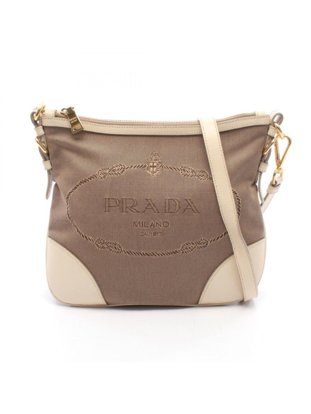Prada Shoulder Bag Logo Jacquard Beige Off White Canvas Leather